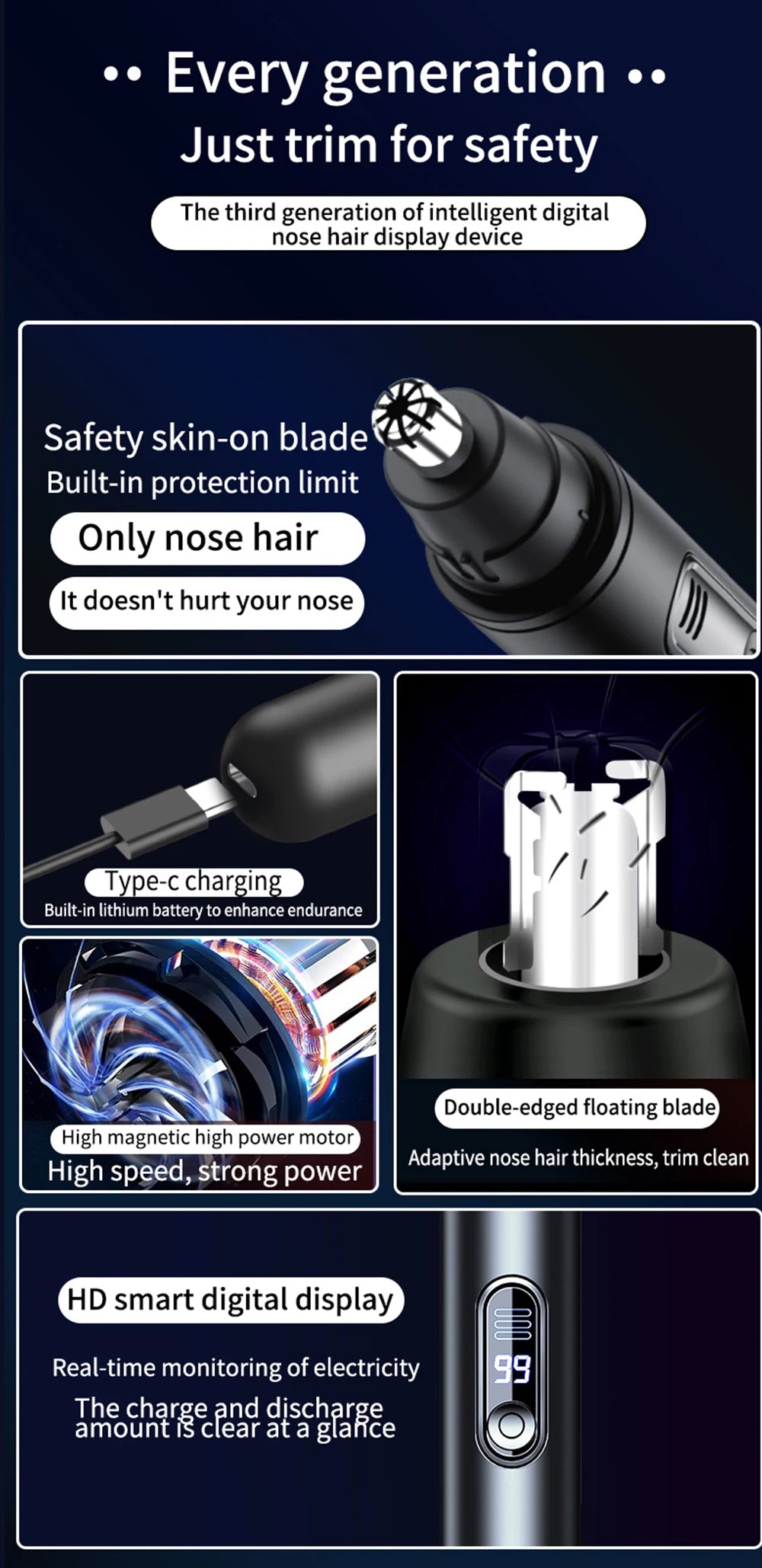 Rechargeable Nose & Ear Hair Trimmer with LED Battery Display