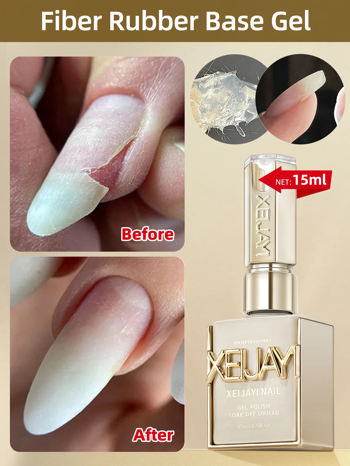 Fiber Rubber Base Gel Nail Polish, 15ml — Soak-Off No-Wipe Formula