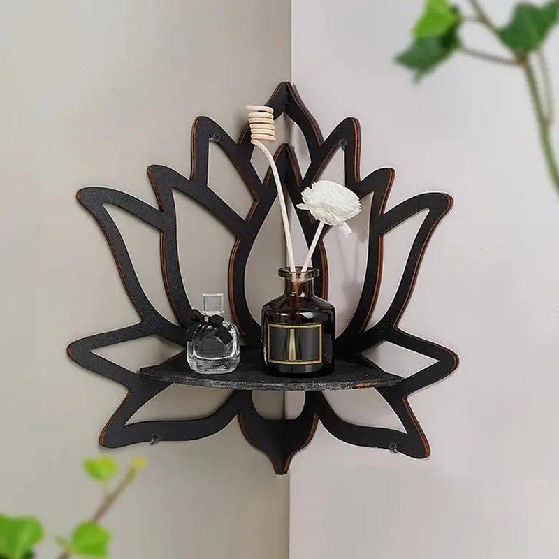 Wooden Lotus Corner Shelf — Candle & Essential Oil Display